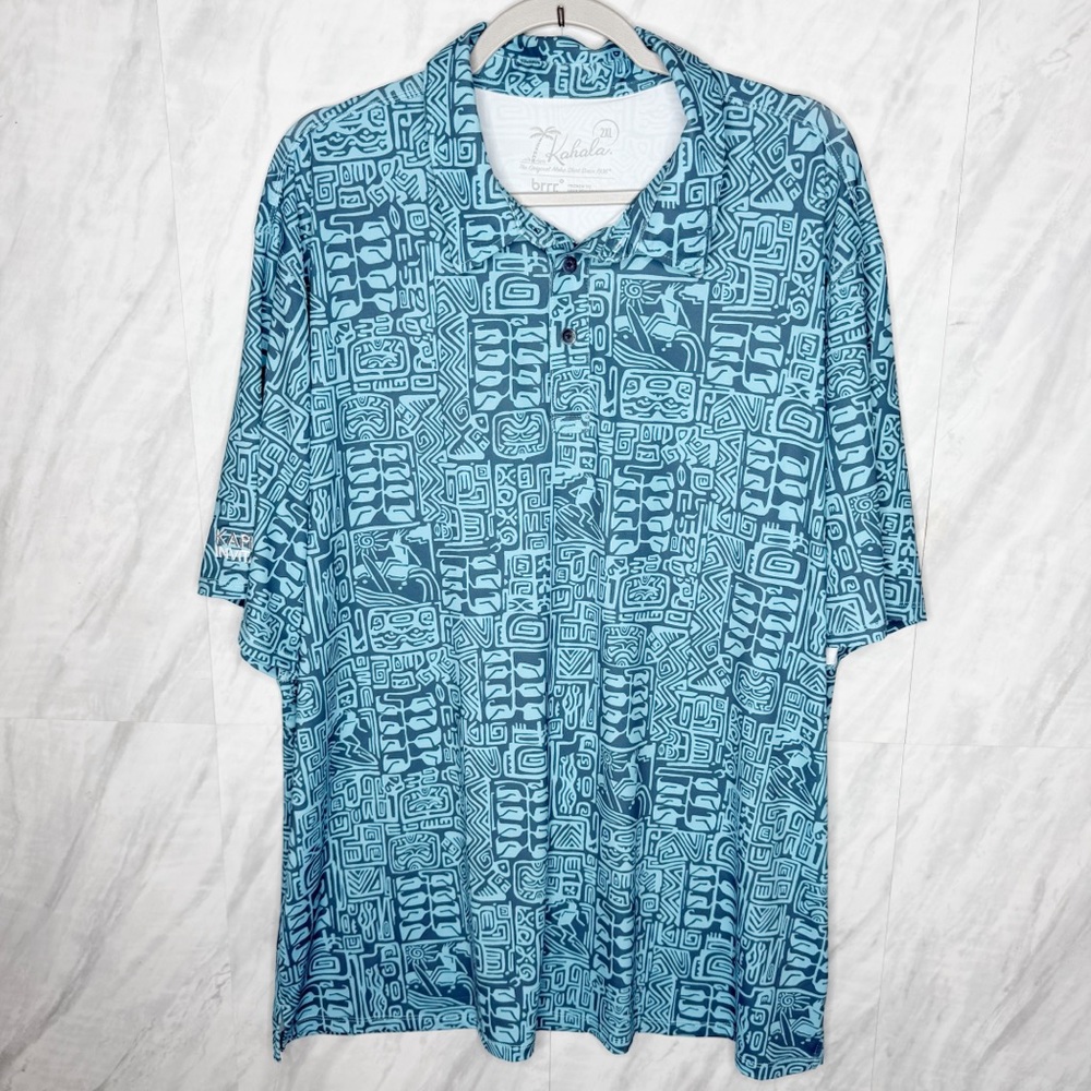 Kahala Casual Blue Button Down Shirt with Polynesian Design 2XL
